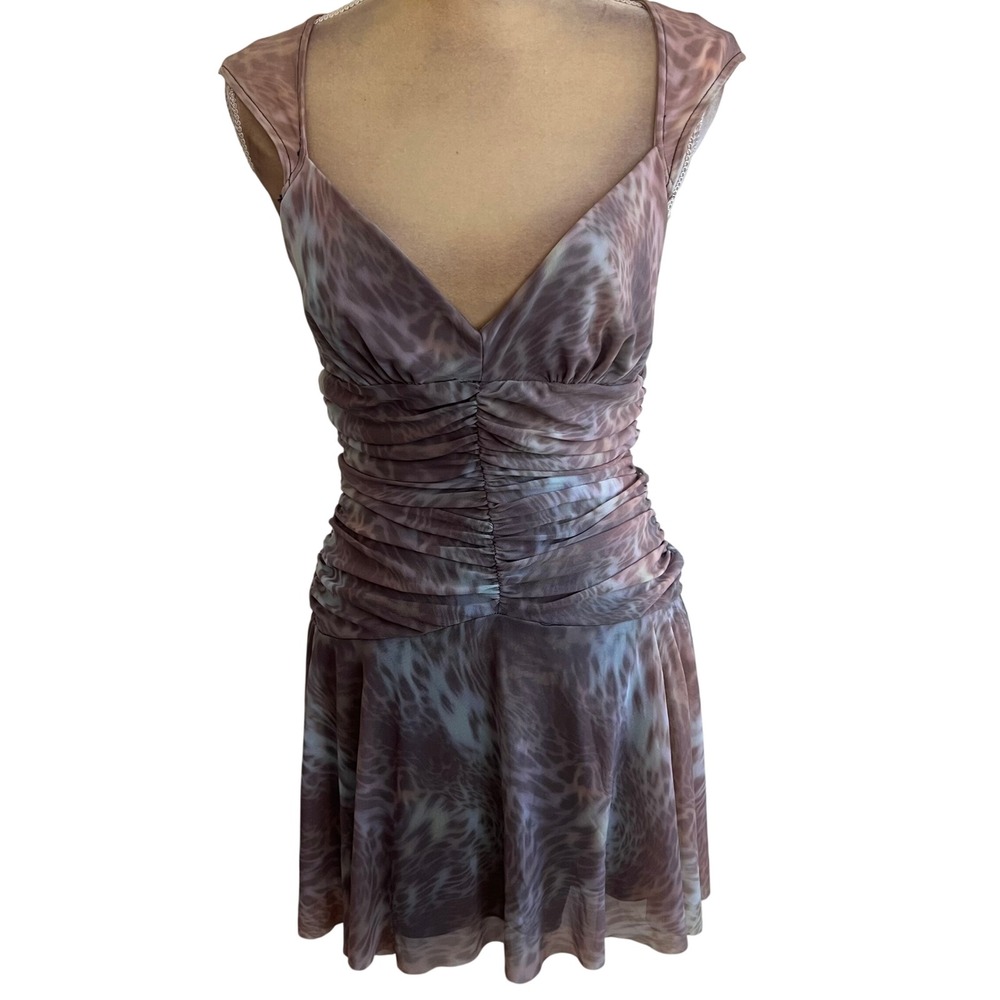 Silence + Noise Women Mauve Animal Print Ruched Open Back Mini Dress Medium
